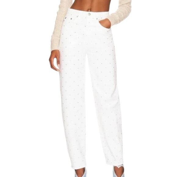 Lovers + Friends Easton High Rise Jeans White Rhinestone Embellished Size 24 - Picture 1 of 14